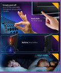 Collage showing application of Original Strength Light Dimming Shapes Peel And Stick Dims Fifty To Eighty Percent To Reduce LED Glare