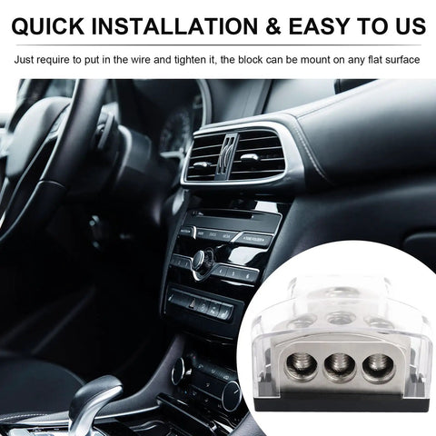 Beefy Three Way Ground Distribution Block For Car Audio Power With 0 Gauge Input And 4 Gauge Output Ports Heavy Duty Ground Splitter For Automotive Truck Boat And Marine Amp Install 1 Pack, clear 3-port block in car interior