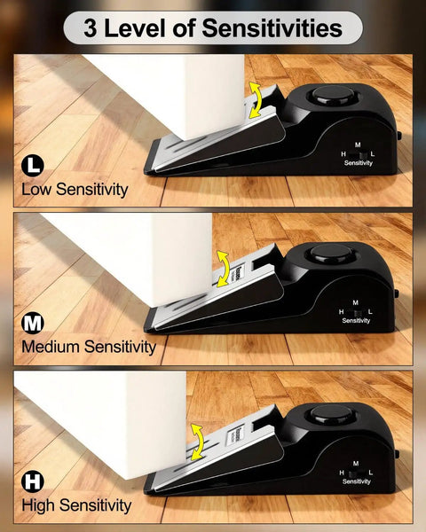 Door Stop Alarm 2 Pack With 120dB Siren Floor Wedge Door Stopper And Security Alarm Travel Friendly For Hotels Apartments And Home Use Anti Slip Mesh Bottom Inner Door Fit 0.6 To 1.2 Inch Black in low, medium, and high sensitivity settings.