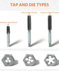 Front view of metric tap-and-die set: three steel taps and three dies.