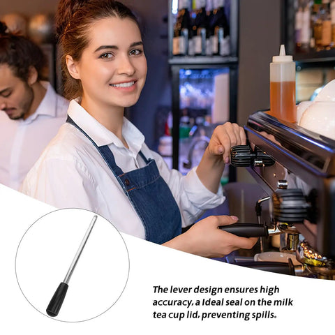 Pro Grade Stainless Steel Cup Sealer Lever Handle Accessory For Bubble Tea Machines And Milk Tea Shops Durable Heavy Duty Plastic Spare Part To Boost Beverage Production In Coffee Stores And Cafes. Barista using stainless lever handle on cup sealer in cafe