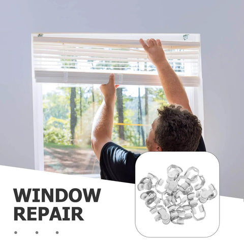 Person adjusting blinds on a window with inset image of metal hardware labeled 'Window Repair'