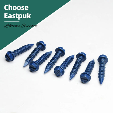 30 Piece Concrete Screw Set Beefy Heavy Duty With Drill Bit One Quarter By One And Three Quarters Inches Slotted Hex Washer Head Masonry Screws For Brick Block Stucco Blue Coated Cement Fasteners arranged on a white background