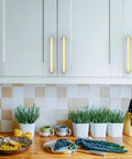 Kitchen cabinet with Brushed Gold Cabinet Pulls Set Of 10 5 Inch 128mm Brushed Brass Kitchen Cabinet Handles installed.