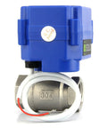 1/4 Inch Motorized Ball Valve With 85-265V AC Range, Brass Electric Valve, full port, side view, blue actuator, wired