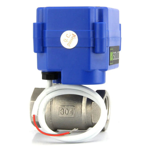 1/4 Inch Motorized Ball Valve With 85-265V AC Range, Brass Electric Valve, full port, side view, blue actuator, wired
