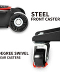 Detailed view of casters on 5 Ton Low Profile Hydraulic Floor Jack With Dual Piston Quick Lift Pump Heavy Duty Steel Lift For Cars Trucks And SUVs Up To 11000 Lbs Ideal For Home Or Workshop Maintenance.
