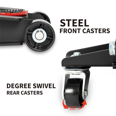 Detailed view of casters on 5 Ton Low Profile Hydraulic Floor Jack With Dual Piston Quick Lift Pump Heavy Duty Steel Lift For Cars Trucks And SUVs Up To 11000 Lbs Ideal For Home Or Workshop Maintenance.