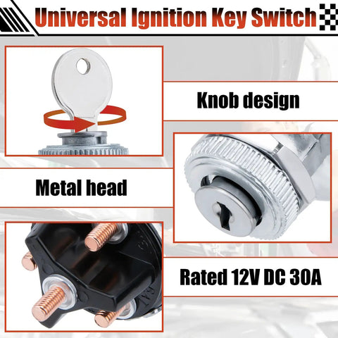 Universal 12V Four Position Ignition Switch With Key For Cars Trucks Trailers Forklifts Featuring Knob Design, Metal Head, Rated 12V DC 30A