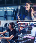 Collage showing Hi-Res Studio Monitoring Headphones for Mixing and DJing used by singer, producer, and DJ in various settings.