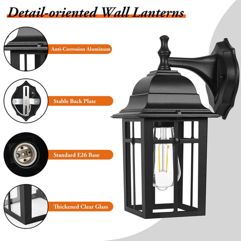 Two Pack All Weather Outdoor Wall Lanterns, Waterproof Aluminum Porch Lights with Clear Glass, Black Finish E26 Socket