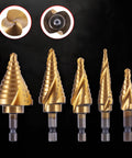 Six Piece HSS 4241 Titanium Coated Step Drill Bit And Automatic Center Punch Set with visible spiral flutes and hex shank.