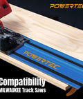 Shop Favorite Track Saw Guide Rail Extender Kit Featuring Two 55 Inch Aluminum Tracks with Powertec saw on wood, showing compatibility.