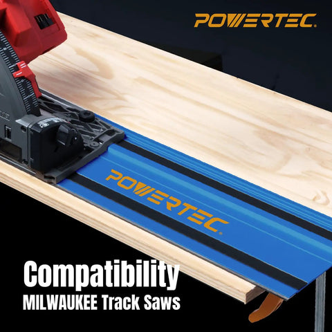 Shop Favorite Track Saw Guide Rail Extender Kit Featuring Two 55 Inch Aluminum Tracks with Powertec saw on wood, showing compatibility.