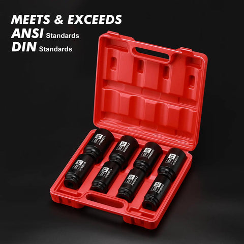One Half Inch Drive Deep Axle Nut Impact Socket Set 12 Point Metric CR MO Heavy Duty 8 Piece 29 30 32 34 35 36 38 39 Millimeters in red case