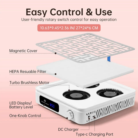 Heavy Duty Cordless Nail Dust Collector With Beast Mode 19500 Rpm Suction For Gel And Acrylic Files Portable Battery Powered Manicure Dust Cleaner Tool with HEPA filter and rotary control.
