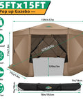 15x15 Foot Pop Up Gazebo Screen Tent For Camping Instant Hub Canopy With Mosquito Netting Spacious Screen Room Khaki
