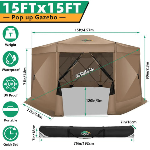 15x15 Foot Pop Up Gazebo Screen Tent For Camping Instant Hub Canopy With Mosquito Netting Spacious Screen Room Khaki