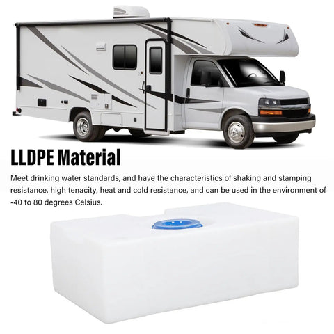 18 Gallon RV Water Tank For Fresh Water Storage And Transport Durable LLDPE Holding Tank next to RV camper