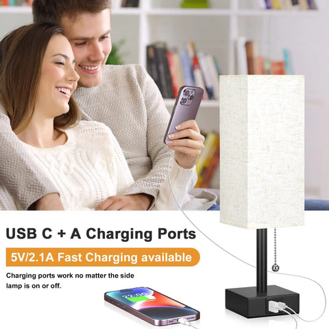 Cozy Bedside Table Lamp With 3 Color Temperatures 3000K 4000K 5000K, USB C And USB A Ports, with pull chain next to a smiling couple.