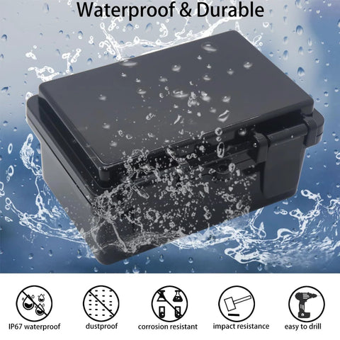 Otdorpatio junction box front with hinged black cover, IP67 waterproof ABS enclosure with mounting plate, 5.9x3.9x2.8in