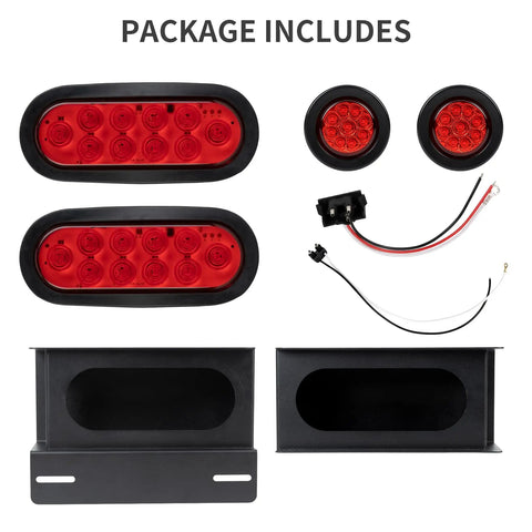 Heavy Duty Steel Trailer Light Housing Kit With 6 Inch Oval LED Tail Lights And 2 Inch Round LED Side Marker Lights Includes Grommets And Wire Connectors IP67 Waterproof Rugged Rustproof Powder Coated Finish Red components