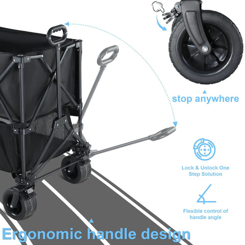 Back view of 700lb Capacity Double Decker Collapsible Wagon With Detachable Waterproof Cover showing wheels and ergonomic handle design.