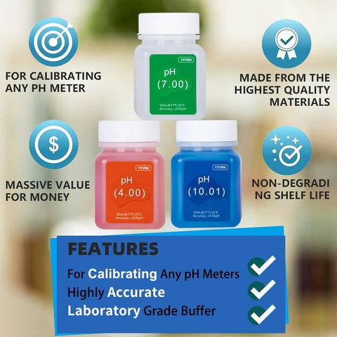 Pro Grade pH Meter Calibration Kit With Buffers 4.00 7.00 10.01, Electrode Storage Solution And KCl Probe Storage Fluid, three bottles