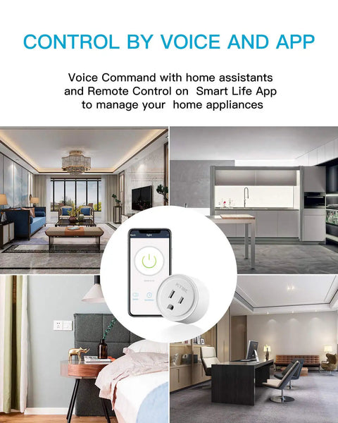 Image of 4 Pack Smart Plugs For Alexa And Google Home Compatibility No Hub Required Remote Control Scheduling Timers ETL Certified Ideal For Smart Home Automation, showing use in different home settings and mobile app control.