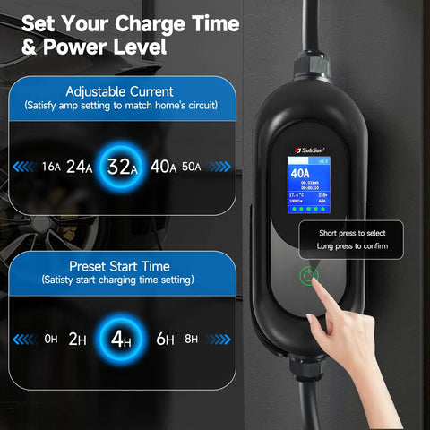 Display of Tesla Level 2 EV Charger with timer settings, adjustable current options, and touch controls, 40A 240V NEMA 14-50 plug.