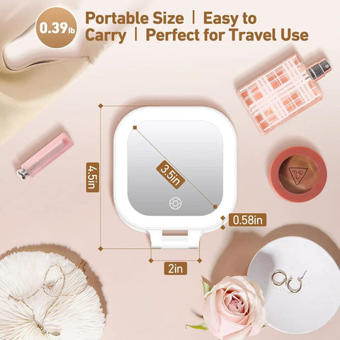 On The Go Travel Mirror With Light Portable Compact Magnifying Mirror 1x To 30x, 4.5 by 3.9 inch, shown with dimensions and accessories.