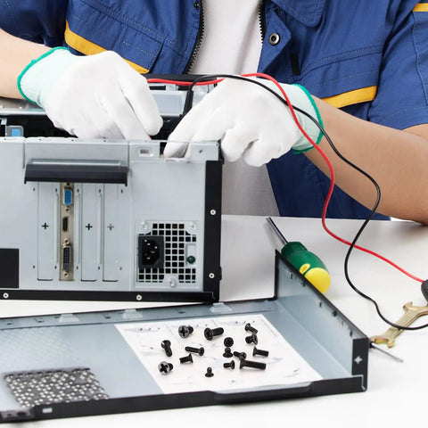 Technician assembling PC with Over 700 Pcs Flat Head Machine Screws Assortment Kit With Phillips Countersunk Bolts visible
