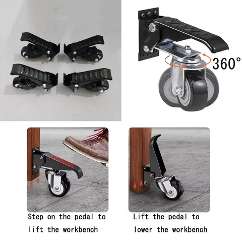 Heavy Duty Retractable Casters For Workbenches 4 Pack Stepdown Polyurethane Wheels With Stainless Steel Brackets shown from multiple angles.