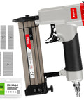 Heavy Duty 23 Gauge Pneumatic Pin Nailer Kit With 10000 Count Pins For Cabinet Woodworking and Trim Jobs, showing tool with loaded pins.