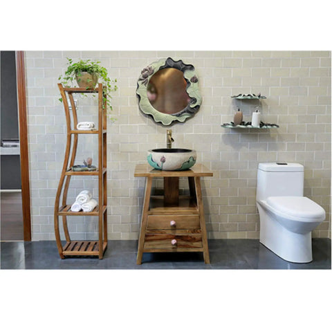 Retro Chinese Ceramic Bathroom Sink And Above Counter Wash Basin With Faucet Mirror Cabinet Four Piece Vanity Set Lotus Design in bathroom.