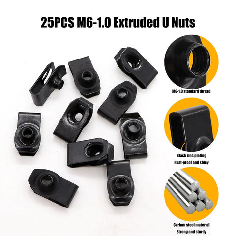 25-piece set of M6-1.0 extruded U nuts from Universal Fender Liner Screws U Nut Kit M6-1.0 X 24mm With 10mm Hex Head U Clips