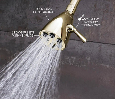 Polished Solid Brass Shower Head With Anystream Technology Three Settings Dope Water Flow For A Customizable Spa Like Shower Experience Durable Bathroom Fixture with jets spraying water