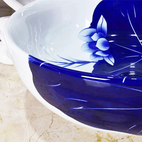 Top Shelf Hand Painted Ceramic Vessel Sink Round Bathroom Basin Vintage Style Vanity Bowl Above Counter Washbasin close-up design detail