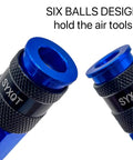 Rock Solid Aluminum Quarter Inch Air Hose Fittings And Air Compressor Quick Connect Fittings 15 Piece Air Coupler Plug Kit showcasing two blue air tool connectors.