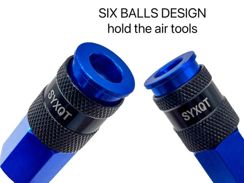 Rock Solid Aluminum Quarter Inch Air Hose Fittings And Air Compressor Quick Connect Fittings 15 Piece Air Coupler Plug Kit showcasing two blue air tool connectors.