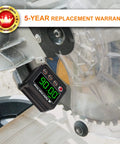 Magnetic Digital Angle Finder Protractor Inclinometer With Backlit Display And Big Numbers in use with saw blade for woodworking