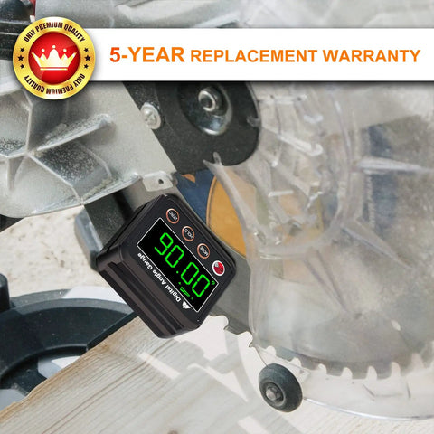 Magnetic Digital Angle Finder Protractor Inclinometer With Backlit Display And Big Numbers in use with saw blade for woodworking
