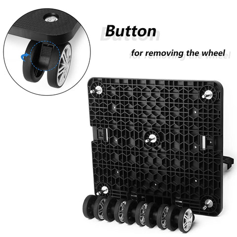 Base and wheels of Folding Five Wheel Luggage Cart With Adjustable Height In Three Positions, highlighting wheel removal button.