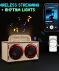Build Your Own Bluetooth Speaker Kit With LED Lights And Colored Pencils For STEM Learning Fun For Kids Ages 8 To 14 shown with wireless streaming and rhythm lights.