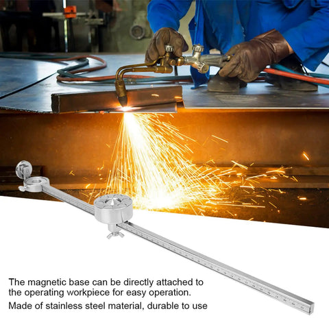 Heavy Duty Stainless Steel Torch Compass Roller Guide For Oxygen Welding And Cutting With Adjustable Gauge Scale Ruler Magnetic Base 50 Cm Length in use, creating circular cuts.