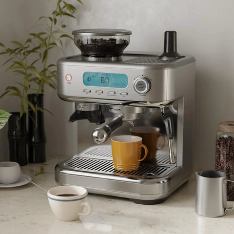 Straight Up Game Changer Espresso Machine With Built In Grinder And Genuine 20 Bar Pressure Stainless Steel Coffee Maker on a countertop.