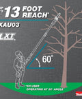 Diagram of the 18V LXT Brushless Cordless Extendable Pole Saw with user cutting high branches at 60-degree angle, 13 ft reach
