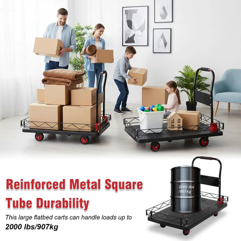 Rock Solid Heavy Duty 2 In 1 Folding Platform Cart With Silent TPR Wheels Detachable Wire Fence No Sweat Hauling Utility Dolly in use.