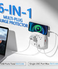 Six In One Outlet Extender With Three USB Ports And Three Grounded Outlets, Dusk To Dawn Night Light in use with phone charging