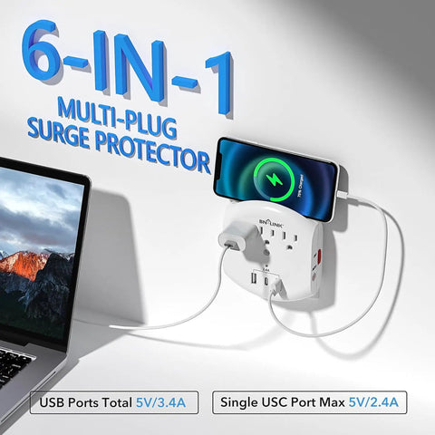 Six In One Outlet Extender With Three USB Ports And Three Grounded Outlets, Dusk To Dawn Night Light in use with phone charging